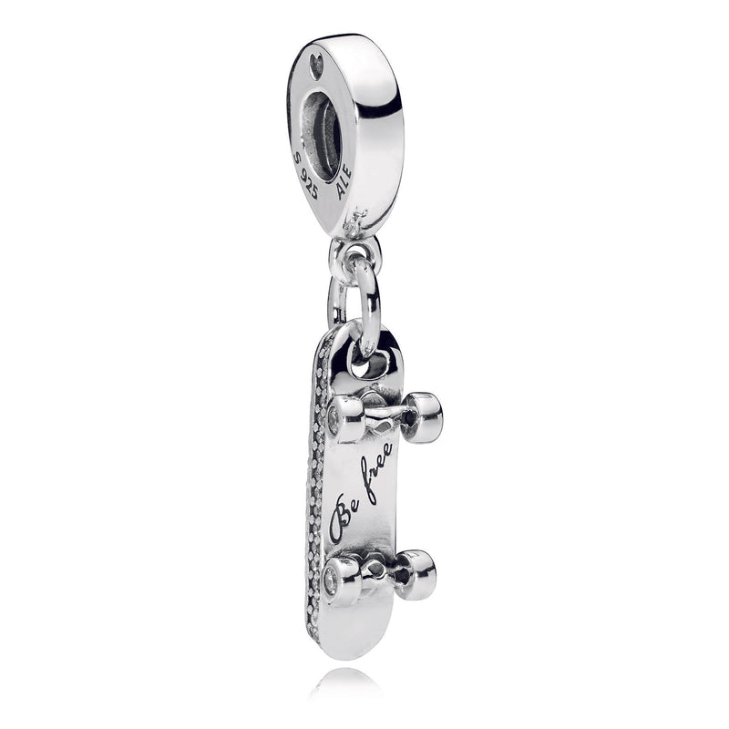 Skateboard silver dangle with clear cubic zirconia
