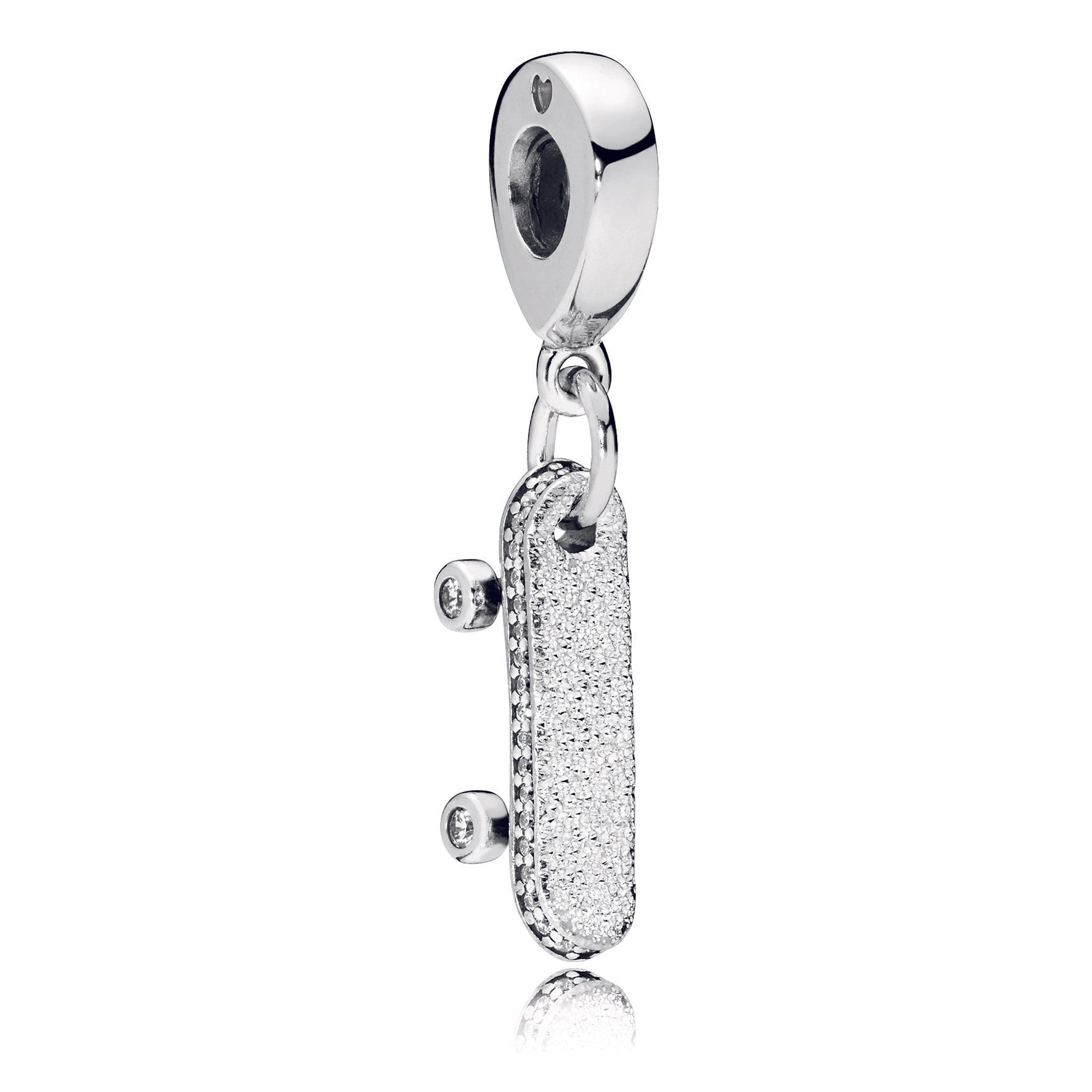 Skateboard silver dangle with clear cubic zirconia