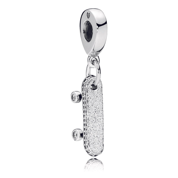 Skateboard silver dangle with clear cubic zirconia