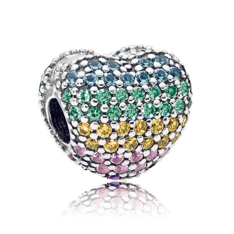 Heart silver clip with mixed colours of crystals and cubic zirconia
