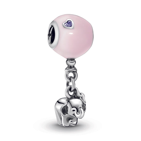 Balloon and elephant silver charm with pink enamel and royal purple crystal