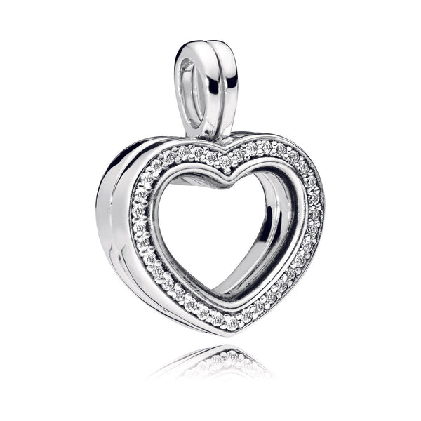 Heart floating locket silver dangle with clear cubic zirconia