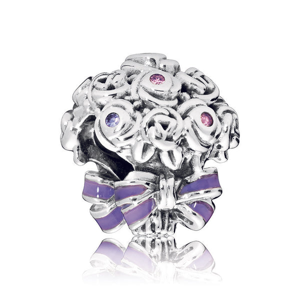 Flower bouquet silver charm with lilac crystal, rose pink crystal and purple enamel