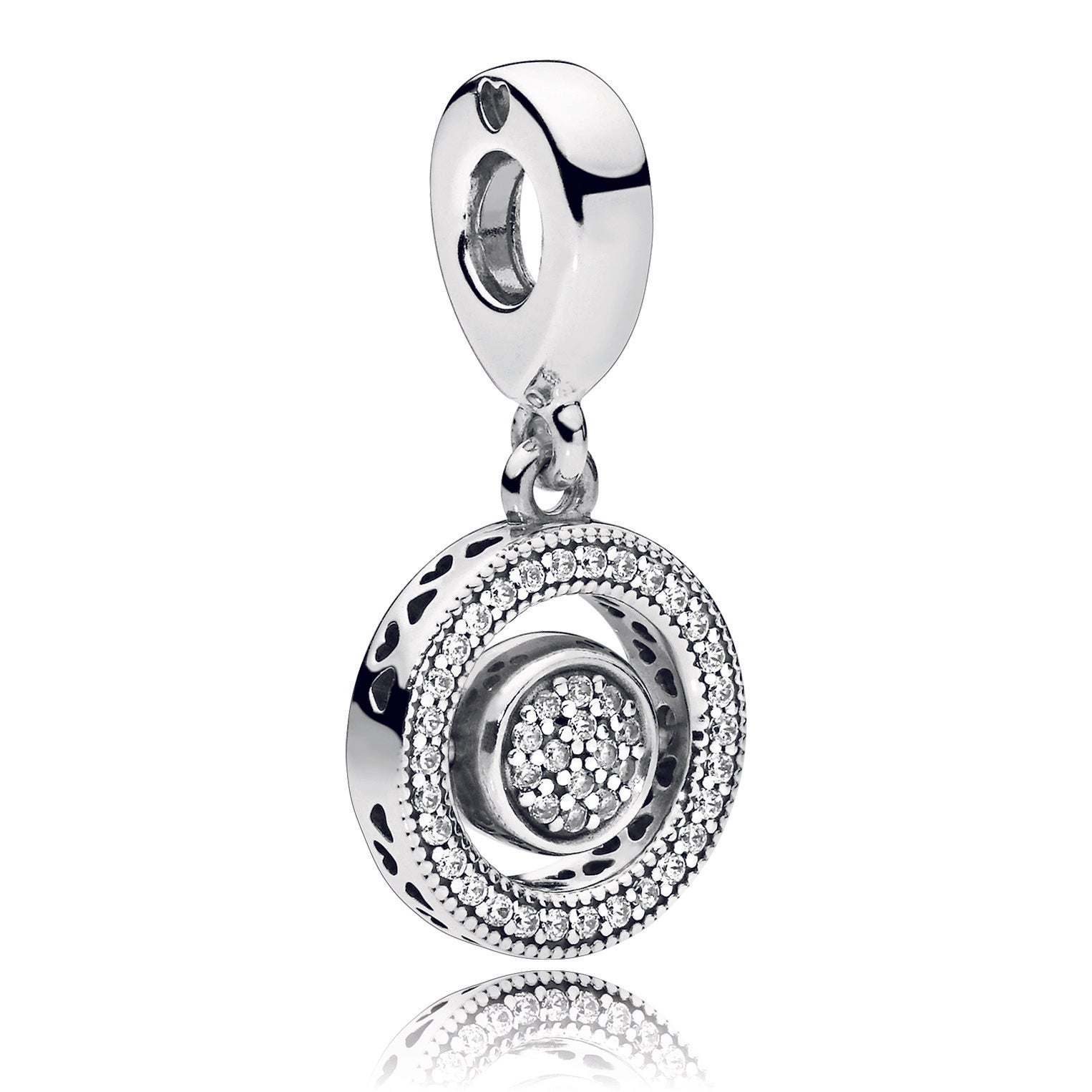 PANDORA logo silver spinning dangle with clear cubic zirconia
