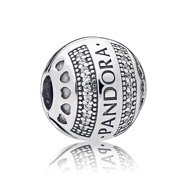 PANDORA logo silver clip with clear cubic zirconia and silicone grip