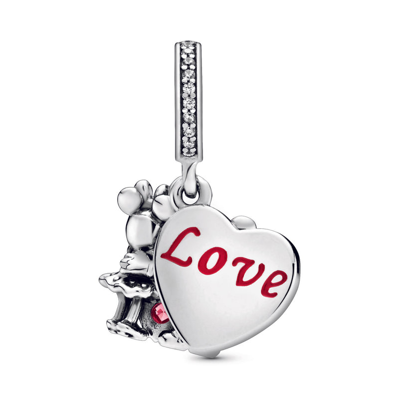 Disney Mickey, Minnie and heart silver dangle with red and clear cubic zirconia and red enamel