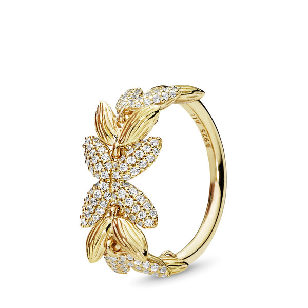 Chained seeds 14k Gold Plated  ring with clear cubic zirconia