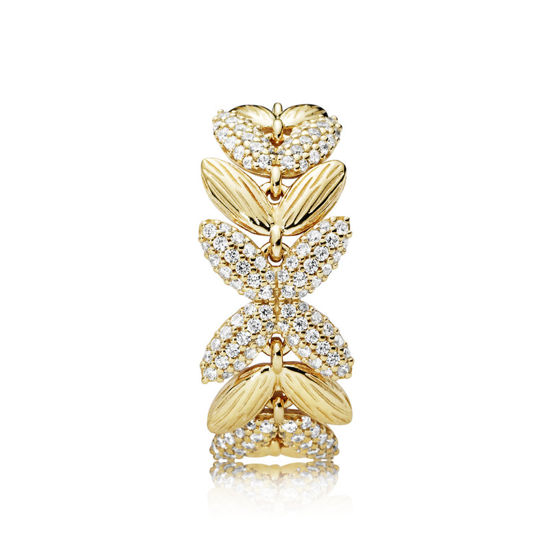 Chained seeds 14k Gold Plated  ring with clear cubic zirconia