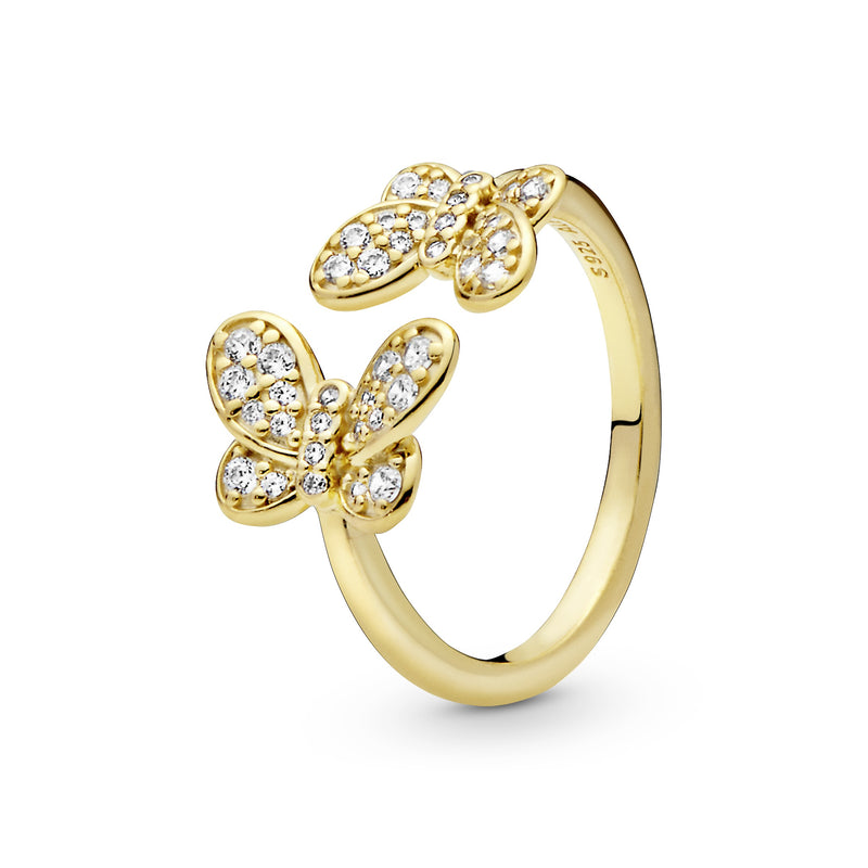 Butterfly 14k Gold Plated  open ring with clear cubic zirconia