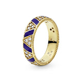 14k Gold Plated  ring with clear cubic zirconia and blue enamel