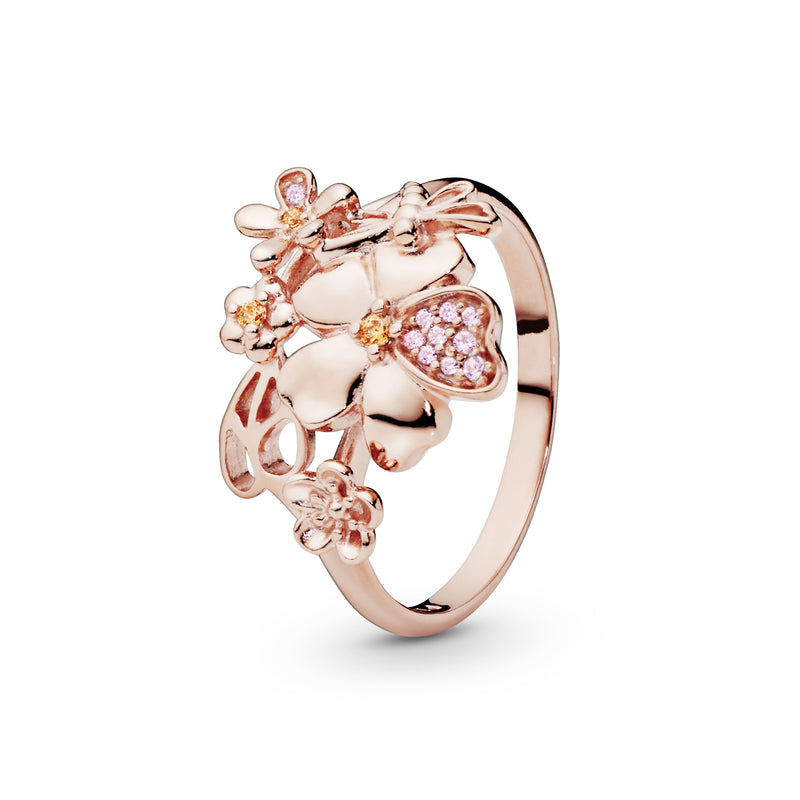 Floral 14k Rose Gold-plated ring with rose pink crystal, pink cubic zirconia and honey cubic zirconia