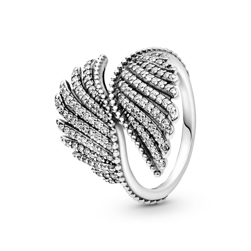 Phoenix feather silver ring with clear cubic zirconia