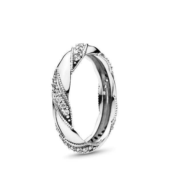 Ribbon silver ring with clear cubic zirconia