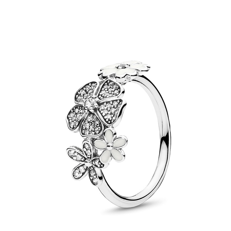 Floral silver ring with clear cubic zirconia and white enamel