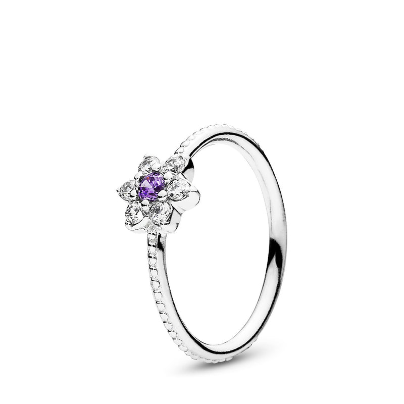 Forget me not silver ring with purple and clear cubic zirconia