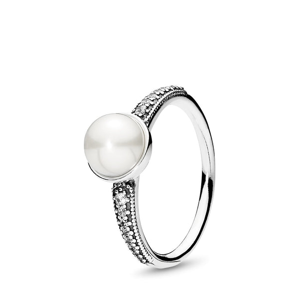Freshwater cultured pearl silver ring with clear cubic zirconia, 7 mm