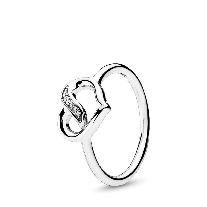 Ribbon heart silver ring with clear cubic zirconia