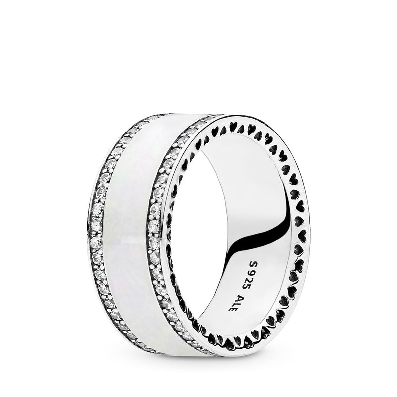 Silver ring with clear cubic zirconia and silver enamel