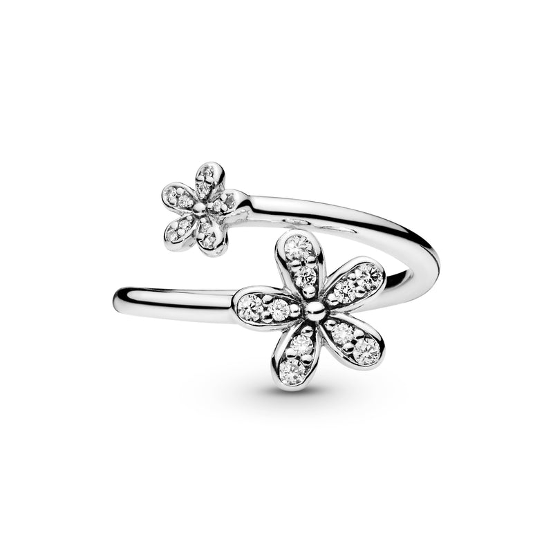 Open daisy silver ring with clear cubic zirconia