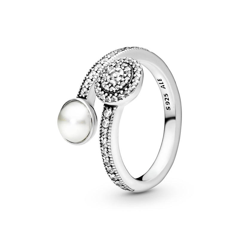 Open silver ring with white crystal pearl and clear cubic zirconia