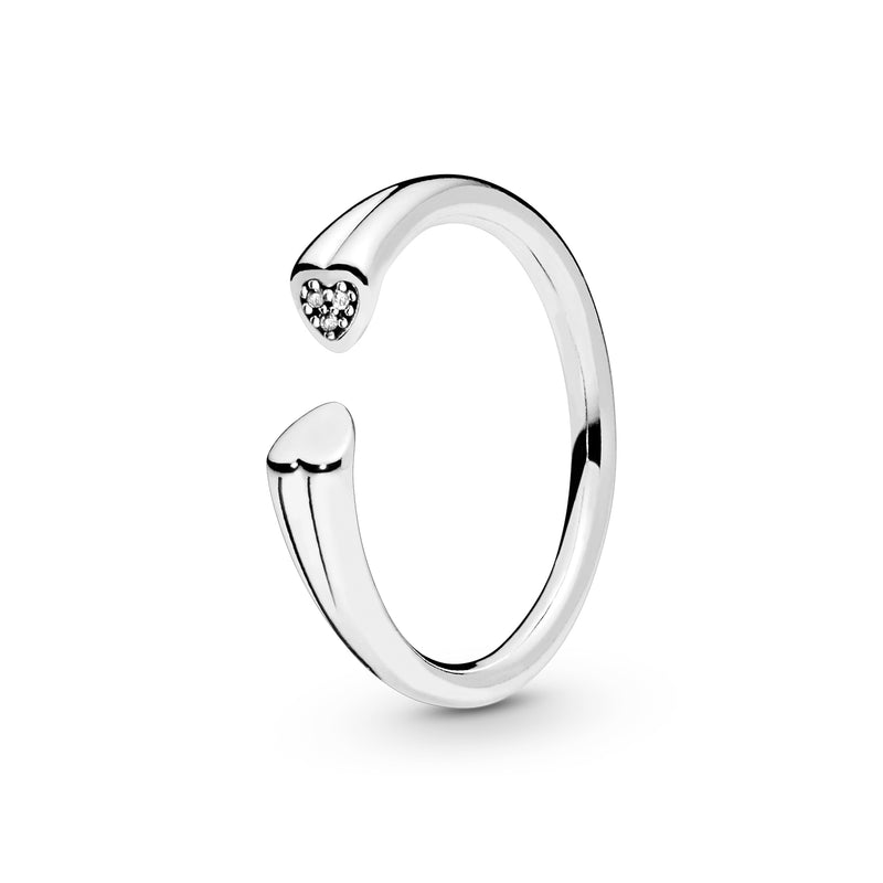 Two hearts silver open ring with clear cubic zirconia
