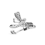 Dragonfly silver ring with clear cubic zirconia