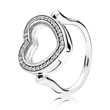 Heart floating locket silver ring with clear cubic zirconia