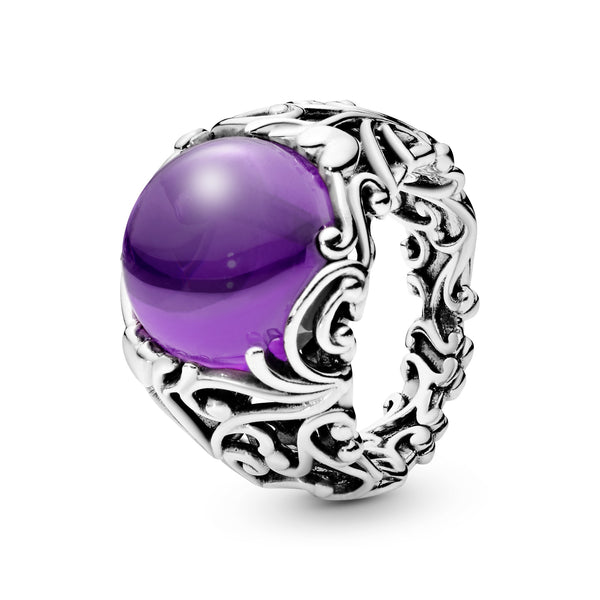 Regal pattern silver ring with purple cubic zirconia