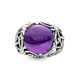 Regal pattern silver ring with purple cubic zirconia