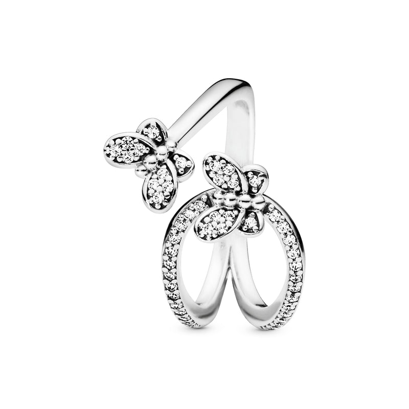 Butterfly silver open ring with clear cubic zirconia