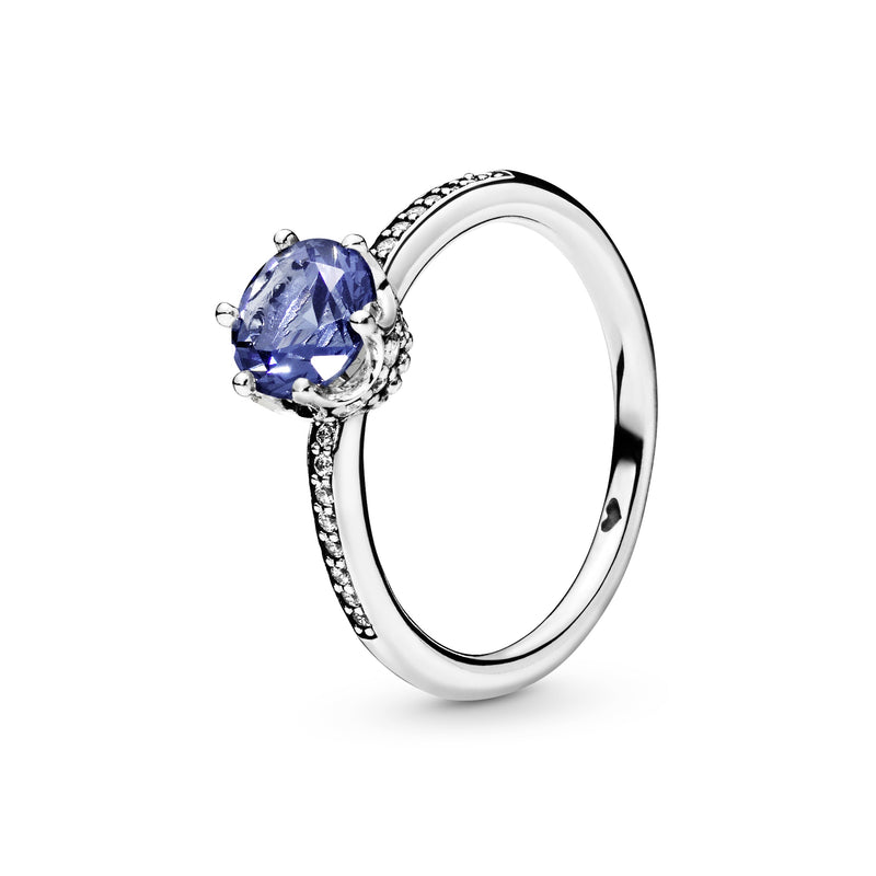 Crown sterling silver ring with stonewash blue crystal and clear cubic zirconia