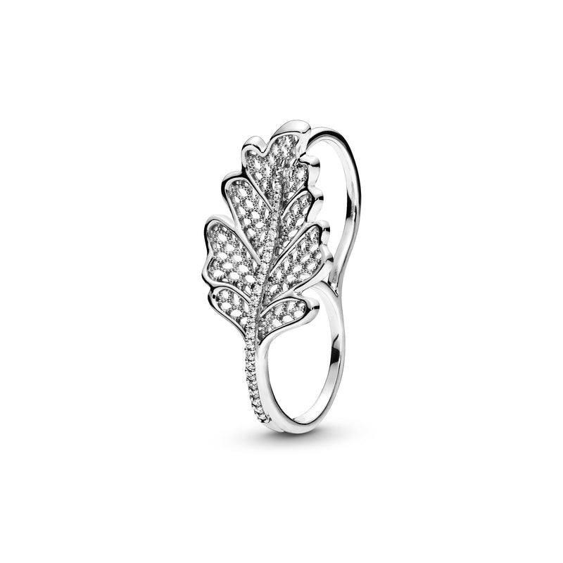 Double finger oak leaf sterling silver ring with clear cubic zirconia