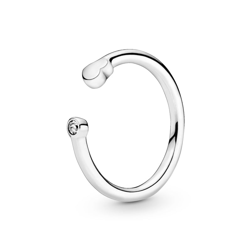 Heart sterling silver open ring with clear cubic zirconia