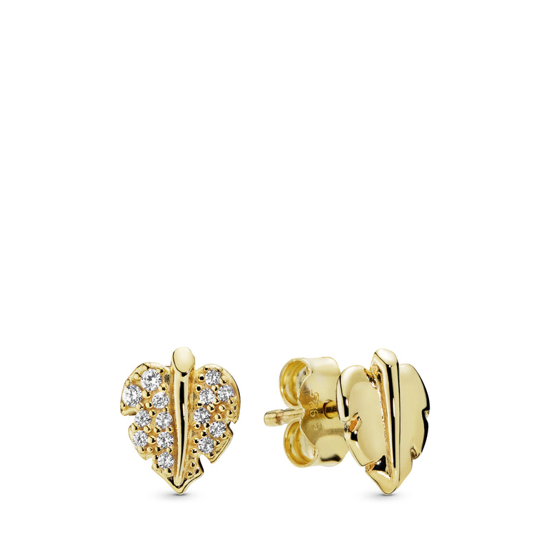 Leaf 14k Gold Plated  stud earrings with clear cubic zirconia