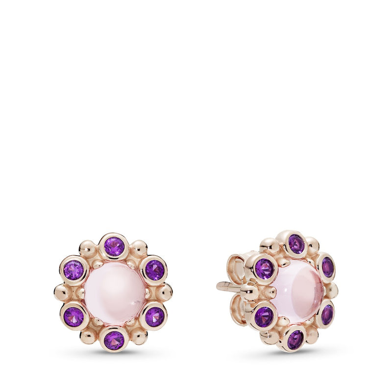 PANDORA Rose stud earrings with pink mist and royal purple crystal