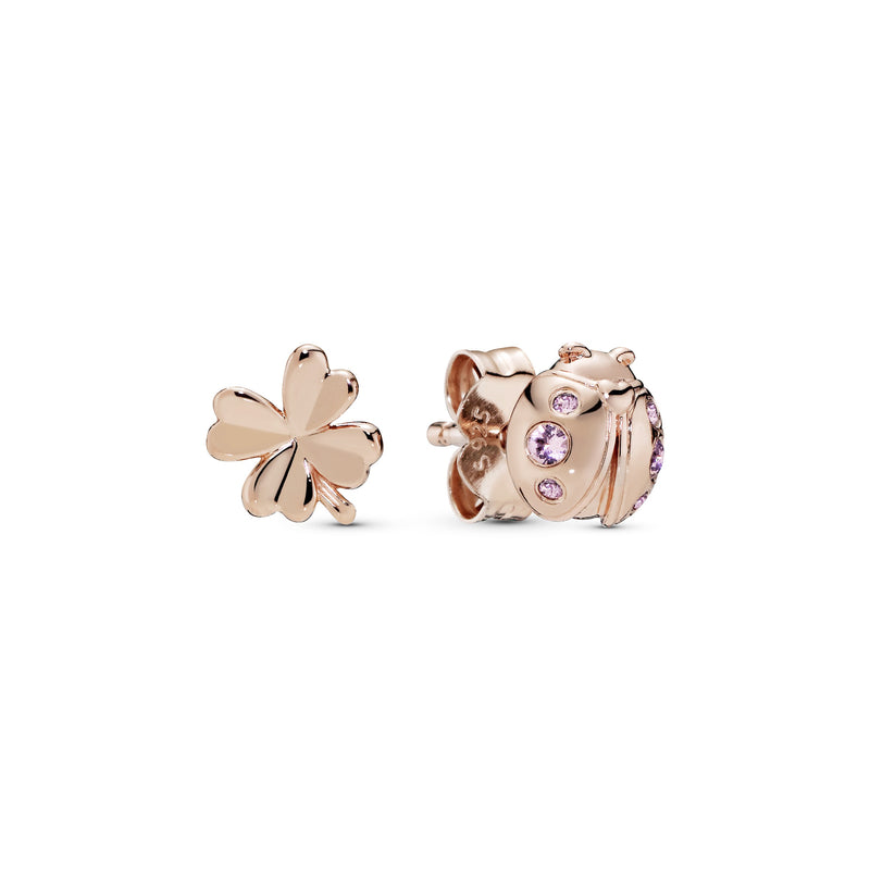 Ladybird and clover 14k Rose Gold-plated stud earrings with orchid pink and rose pink crystal