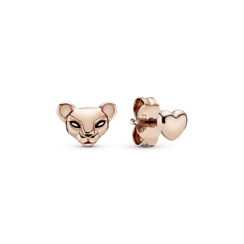 Lioness and heart 14k Rose Gold-plated stud earrings with black enamel