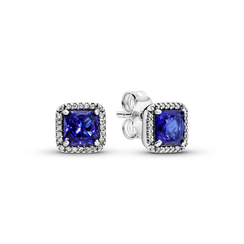 Silver stud earrings with true blue crystal and clear cubic zirconia