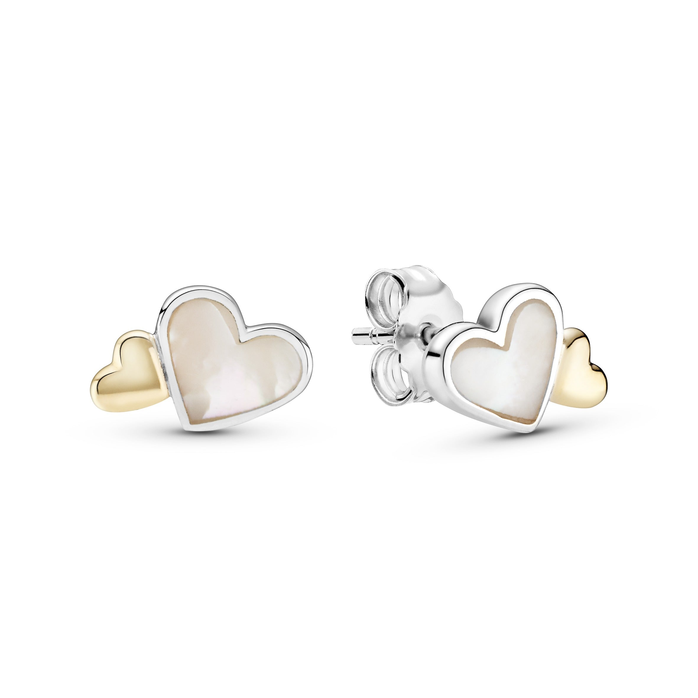 Heart silver stud earrings with 14k and mother of pearl