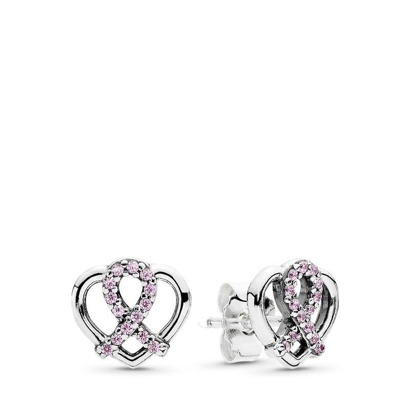 BCA ribbon and heart silver stud earrings with pink cubic zirconia
