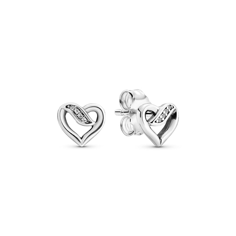 Ribbon heart silver stud earrings with clear cubic zirconia
