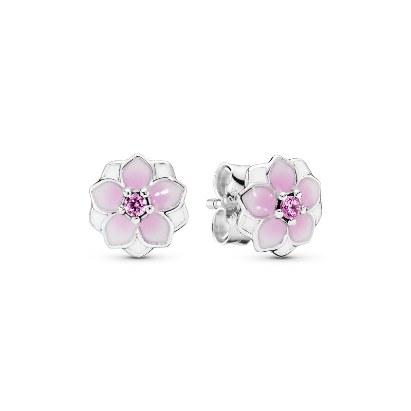 Magnolia silver stud earrings with pink cubic zirconia, white and shaded pink enamel