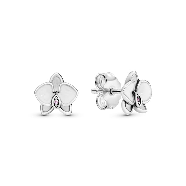 Orchid silver stud earrings with orchid cubic zirconia and white enamel