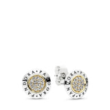 PANDORA logo silver stud earrings with 14k and clear cubic zirconia