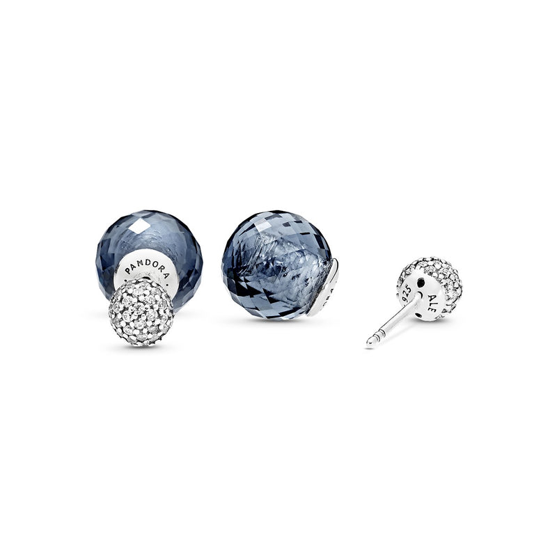 Double-sided silver earrings with clear cubic zirconia and midnight blue crystal