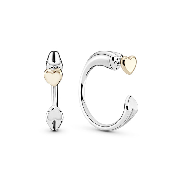 Two hearts silver hoop earrings with 14k