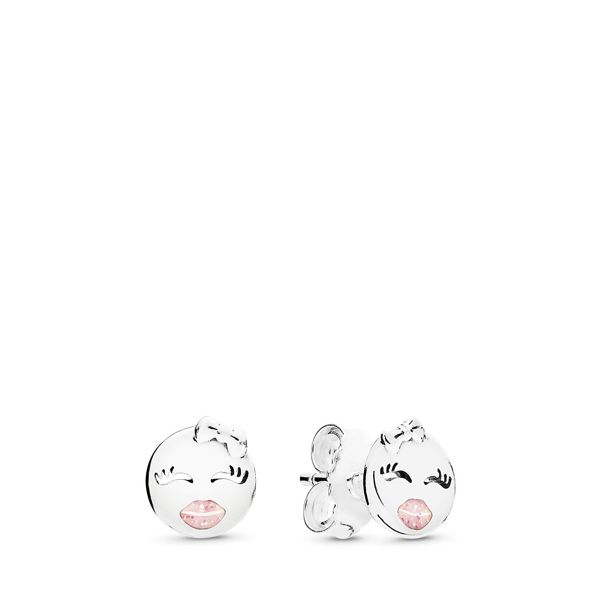 Winking emoticon silver stud earrings with pink enamel