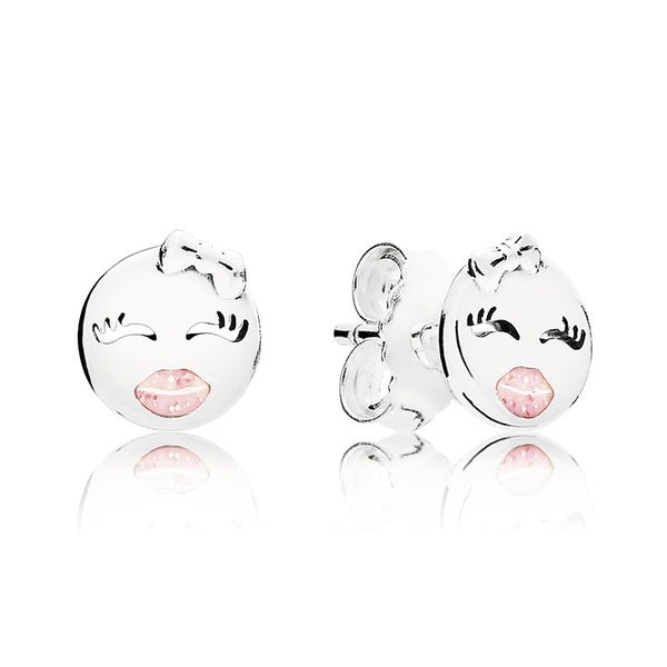 Winking emoticon silver stud earrings with pink enamel Pandora