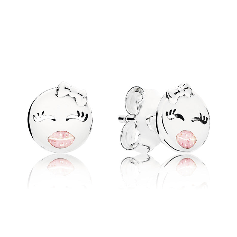 Winking emoticon silver stud earrings with pink enamel