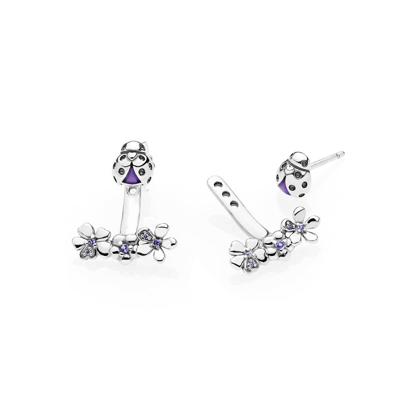 Ladybug silver stud earrings with lilac crystal, purple cubic zirconia, purple enamel and detachable floral earring jackets